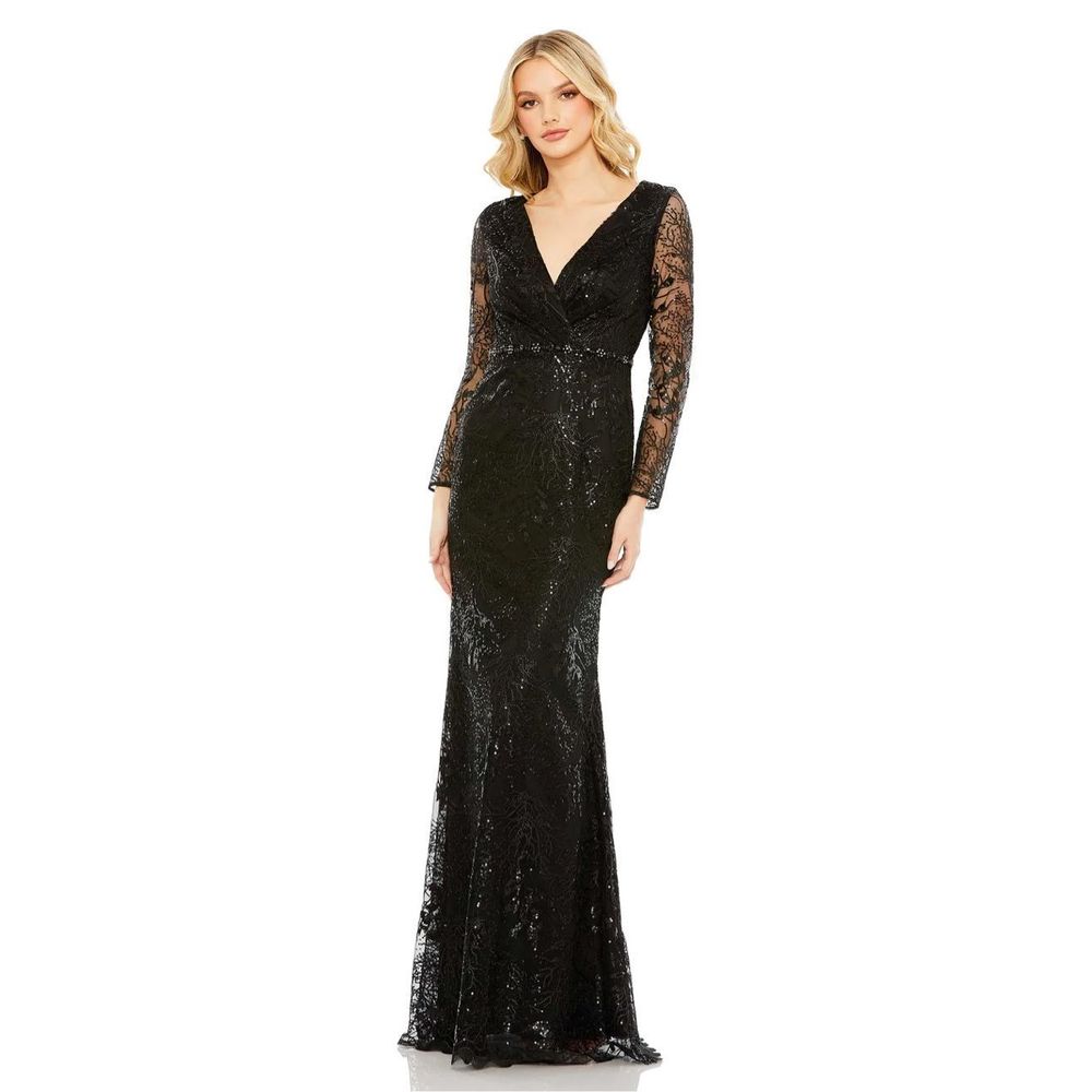 MAC DUGGAL EMBELLISHED WRAP OVER LONG SLEEVE GOWN US 14 $698